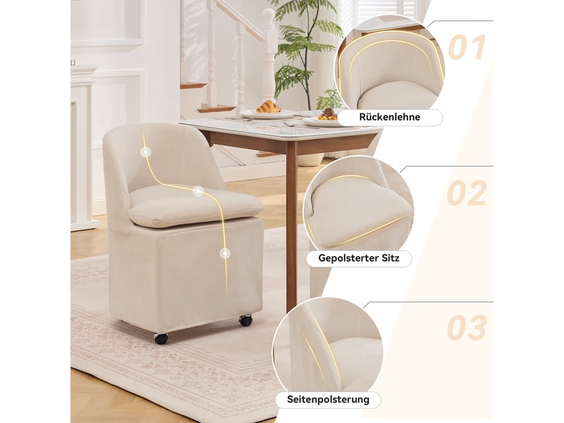  Chaise de salle à manger lot de 2 à roulettes 360°  - housse amovible, chenille - beige  - Conforama E