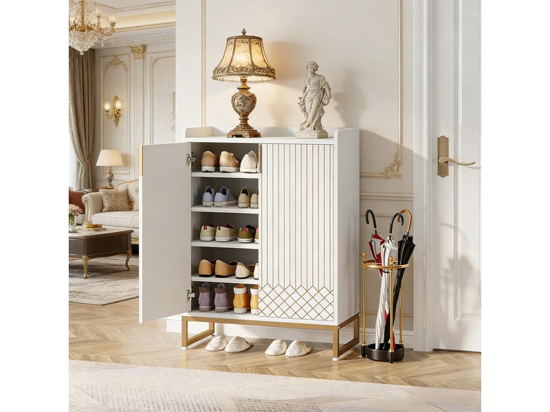  Meuble à chaussures 5 étagères et 2 portes avec rangement pour entrée en bois et métal blanc doré  - Conforama C