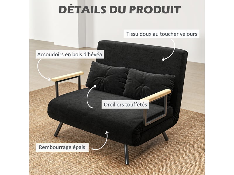  Canapé convertible 2 places 4 en 1, canapé-lit avec dossier réglable sur 5 niveaux, 2 coussins, noir, 102 x 73 x 81 cm  - Conforama R