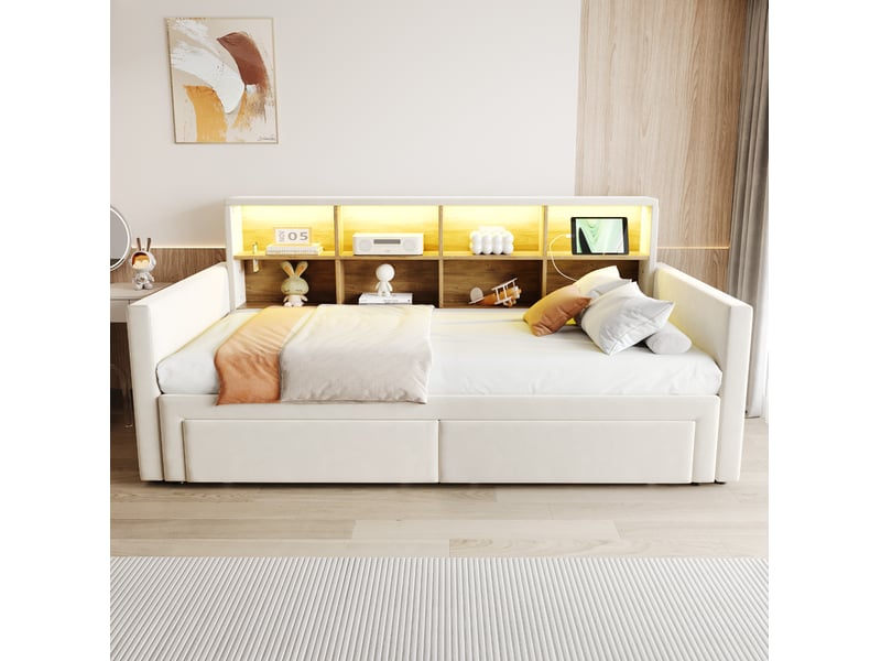  Lit rembourré tcqpz 90 x 190 cm extensible 180 cm avec tête de lit rangement led prises 2 tiroirs velours beige  - Conforama D