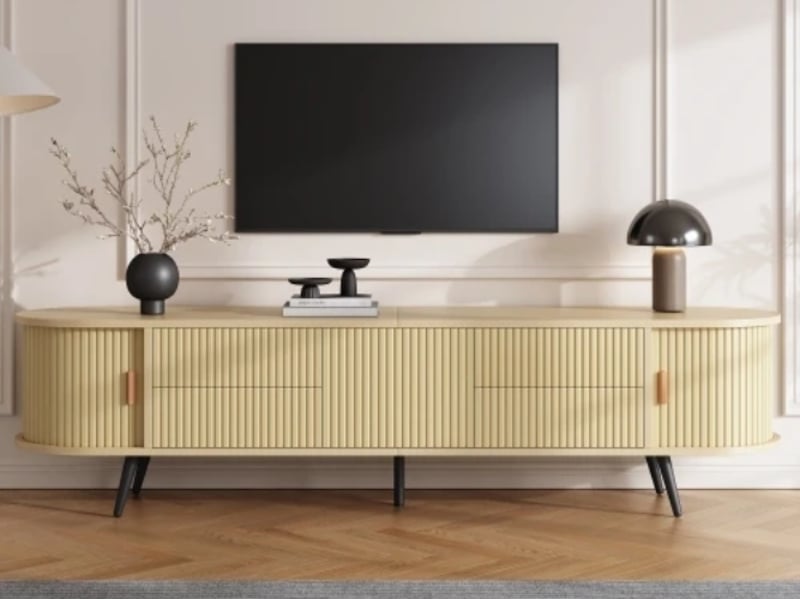  Meuble tv bas ovale avec 4 tiroirs et 1 placard, mdf, 180 × 40 × 45 cm, bois naturel  - Conforama B