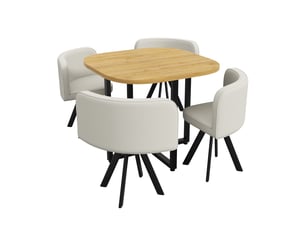 Set table à manger 85x85x74cm + 4 chaises en lin, plateau chêne, pour cuisine et salle à manger, pour 4 personnes, beige+chêne