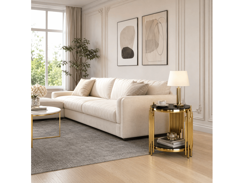  Bout de canapé rond 45x55 cm, double plateau, verre trempé, acier inoxydable, design luxe, noir et doré  - Conforama D