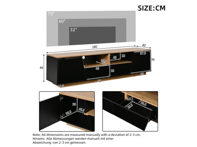  Meuble tv noir brillant et bois 180x40x46 cm - led intégrée, 2 tiroirs, 2 placards, pour tv jusqu'à 75 pouces  - Conforama C