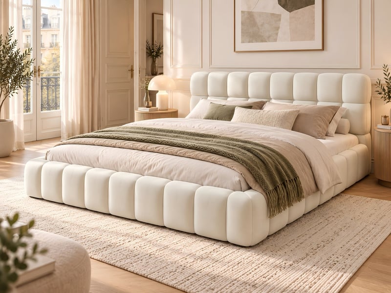 Kefsr lit capitonné 160x200 cm - cadre de lit double rembourré en tissu coton-lin beige avec sommier à lattes et tête de lit matelassée design moderne - Conforama B