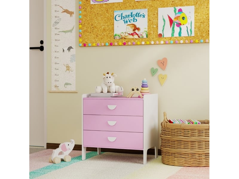  Commode enfant à 3 tiroirs 60 x 40 x 60 cm rose et blanc, en bois, rangement vêtements et jouets  - Conforama D