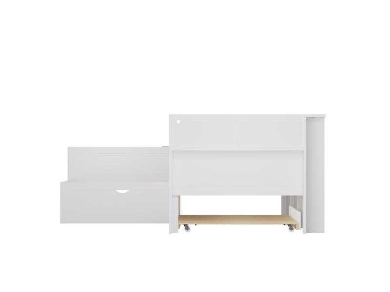  Lit superposé en l 90x200 cm avec lit gigogne, rangements, prise et usb, led, blanc, sans matelas  - Conforama D