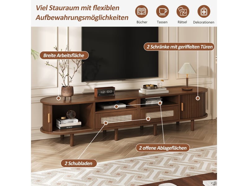  Meuble tv avec 2 tiroirs et 2 portes coulissantes, style vintage, pour salon, 170 × 40 × 40 cm, en mdf, métal et bois, noyer foncé  - Conforama E