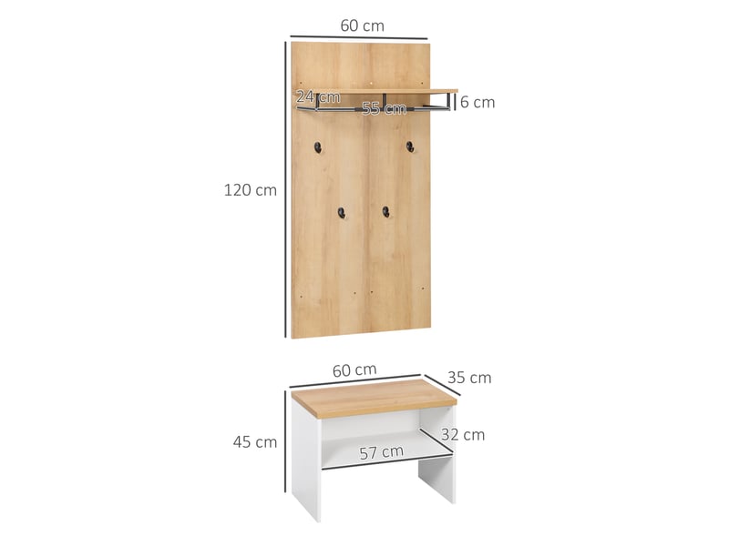  Organisateur d'entrée avec banc à chaussures, étagère à chaussures, porte-manteau à 4 crochets, blanc et naturel  - Conforama E