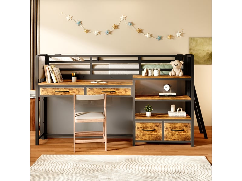 Lit mezzanine - 90x200 cm - bureau intégré - tiroirs de rangement - rangements intégrés - éclairage led - structure métal - noir CozyNest - Conforama D
