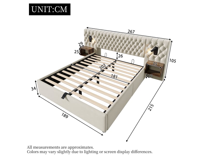  Lit coffre double 180x200 cm en velours beige avec 2 tables de chevet, lampes de lecture, usb et type-c, sans matelas  - Conforama D