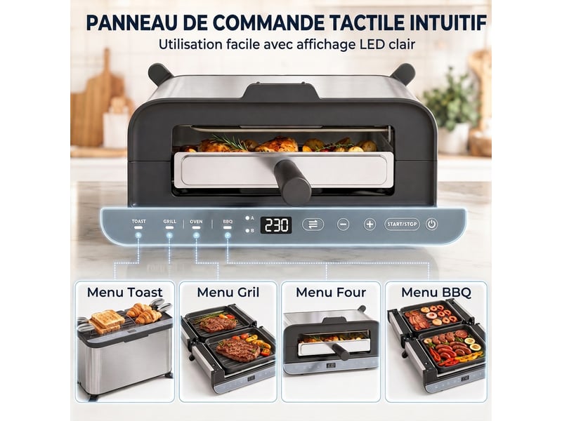 Mini-four électrique 3-en-1 1700 w, grille-pain à fente longue, gril de table 4,9l, écran led, minuterie 60 min, argenté - Conforama E