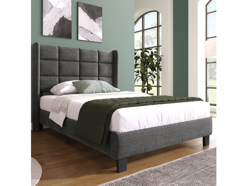  Modenvie lit 1 place 90x200 cm - tête de lit rembourrée, sommier inclus, sans matelas - gris  - Conforama B