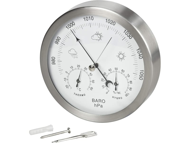  Station météo analogique 3 en 1 en inox ø14 cm - baromètre, thermomètre, hygromètre  - Conforama B