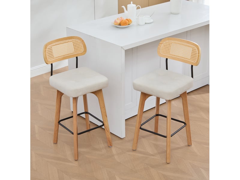  Lot de 2 tabourets de bar pivotants 360° en tissu beige, dossier en paille, style mid-century et confort  - Conforama B