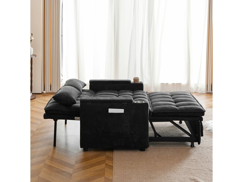  Canapé-lit convertible 3-en-1 142 cm avec rangement dans les accoudoirs, porte-gobelets et 2 coussins lombaires - noir  - Conforama D