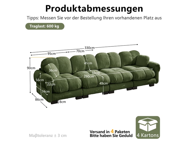  Canapé modulable modenvie 4 places vert en tissu chenille 330 x 86 x 90 cm avec assises matelassées  - Conforama C