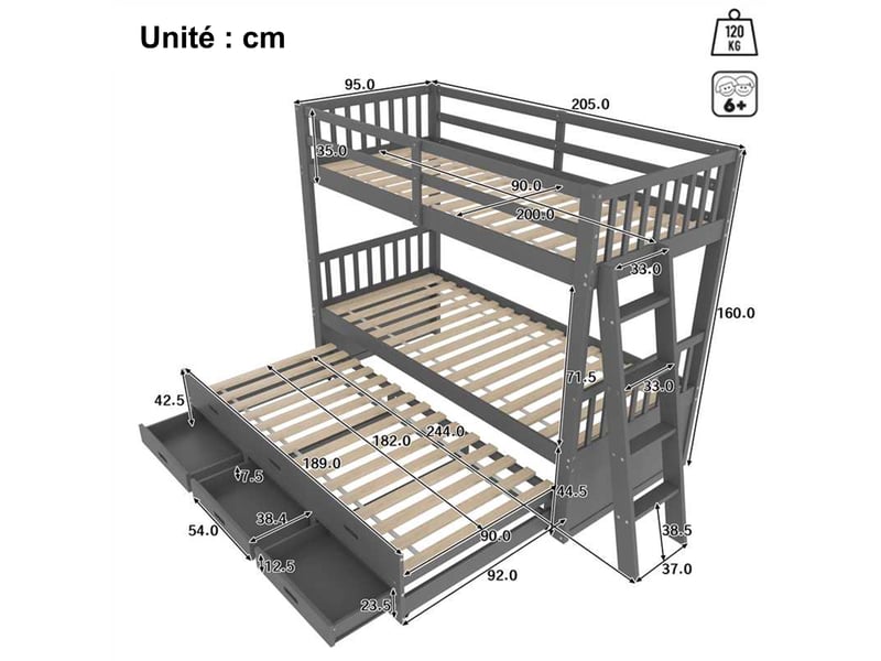 Lit superposé 3 places en pin et mdf avec lit gigogne, 3 tiroirs et échelle, 90x200 et 90x182 cm, sans matelas - Conforama D