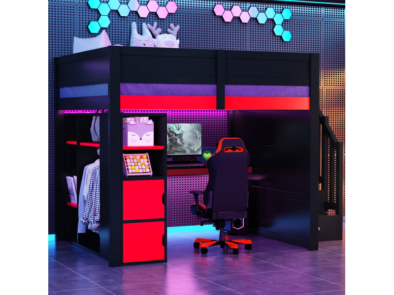  Lit mezzanine 140x200 avec bureau, rangements et led cravdom  - Conforama D