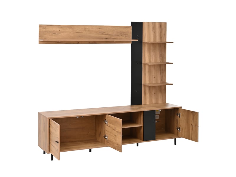  Ensemble meuble tv mural bois naturel et noir 187,5x40x167 cm avec vitrine, étagères ouvertes et 3 meubles pour tv jusqu'à 80 pouces  - Conforama E