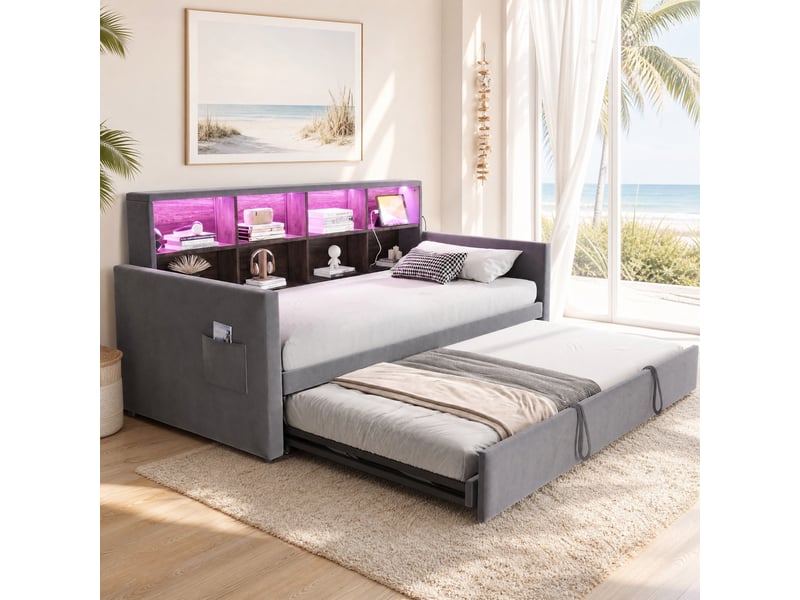  Lit gigogne 90x190 cm avec éclairage led et prises en velours  - Conforama B