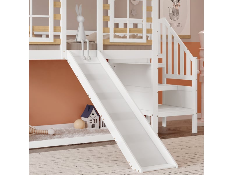  Lit superposé 90x200 cm, structure en bois massif, toboggan et fenêtre, échelle de côté, coloris blanc et naturel  - Conforama C