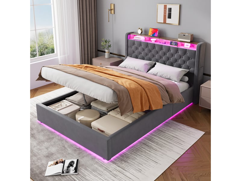  Lit coffre 2 places 140x200 cm avec led et usb-c, en velours gris  - Conforama B