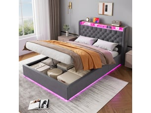 Lit coffre 2 places 140x200 cm avec led et usb-c, en velours gris