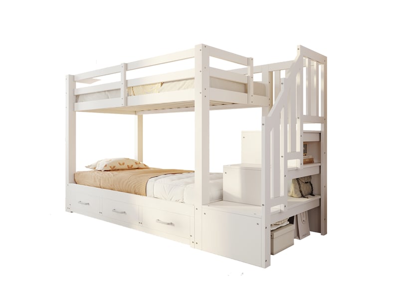  Lit superposé 90 × 200 cm, couchage bas extensible 90 à 180 × 190 cm, escalier rangement, 3 tiroirs, bois, blanc  - Conforama A