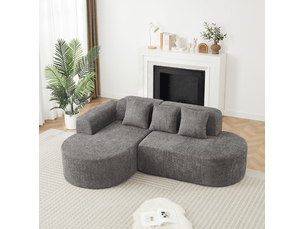 Canapé d’angle gauche en chenille avec chaise longue et 3 coussins de dossier, design arrondi anthracite