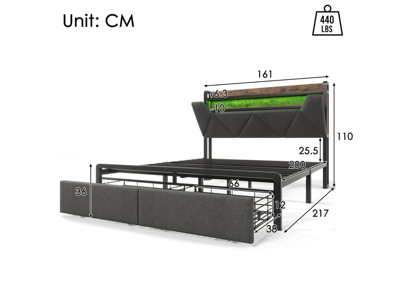  Lit coffre,160x200 cm,avec led, usb-c et tiroirs,lin,gris  - Conforama C