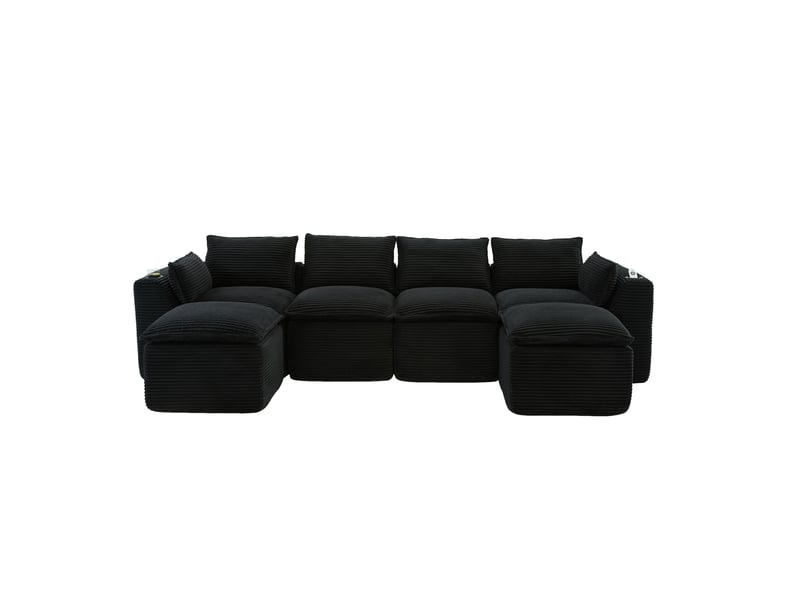 Canapé modulable 4 places en velours côtelé noir avec 2 poufs  - Conforama A