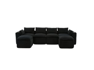 Canapé modulable 4 places en velours côtelé noir avec 2 poufs