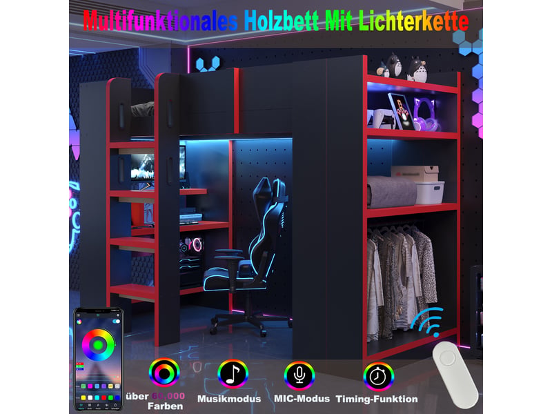  Lit mezzanine simple 90×200 cm avec bureau, led et prises, sans matelas - okmyhome- bois noir et rouge  - Conforama E