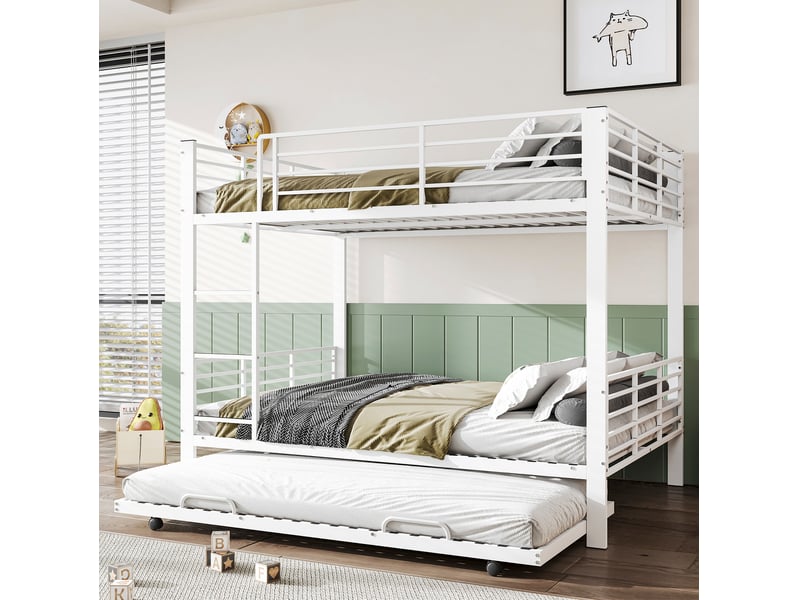  Lit superposé métal 140 x 200 cm pour 3 personnes avec lit inférieur escamotable,blanc mat  - Conforama B