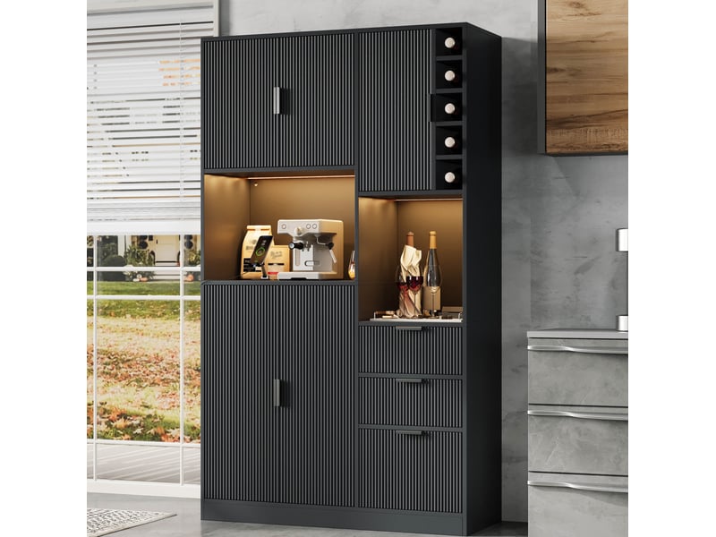  Buffet de cuisine haut avec 3 tiroirs, étagères réglables, range-bouteilles, led et prises, noir, 105 × 40 × 180 cm  - Conforama B