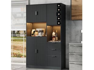 Buffet de cuisine haut avec 3 tiroirs, étagères réglables, range-bouteilles, led et prises, noir, 105 × 40 × 180 cm