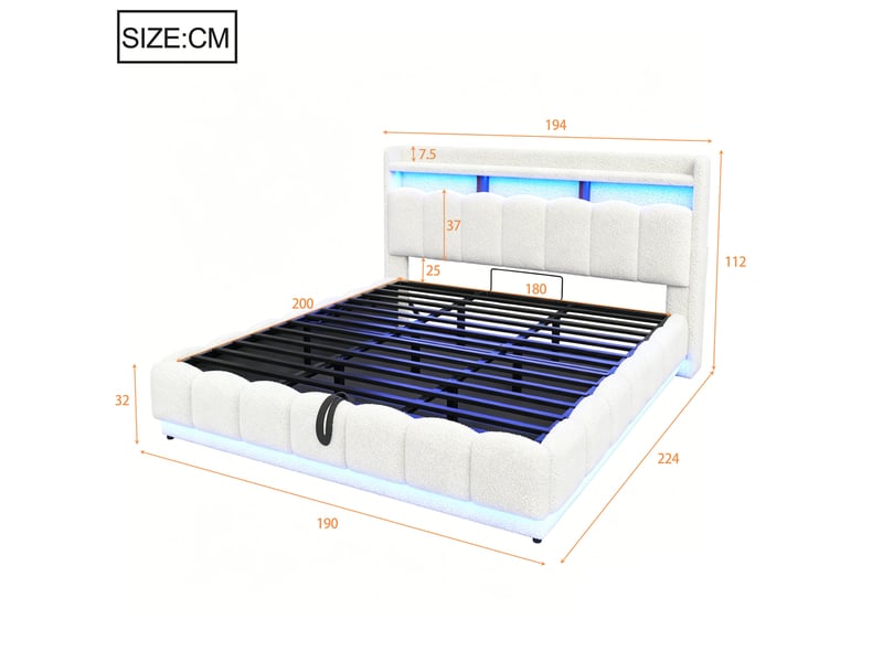  Lit coffre modenvie 180 x 200 cm avec led, usb et rangement hydraulique, blanc  - Conforama C