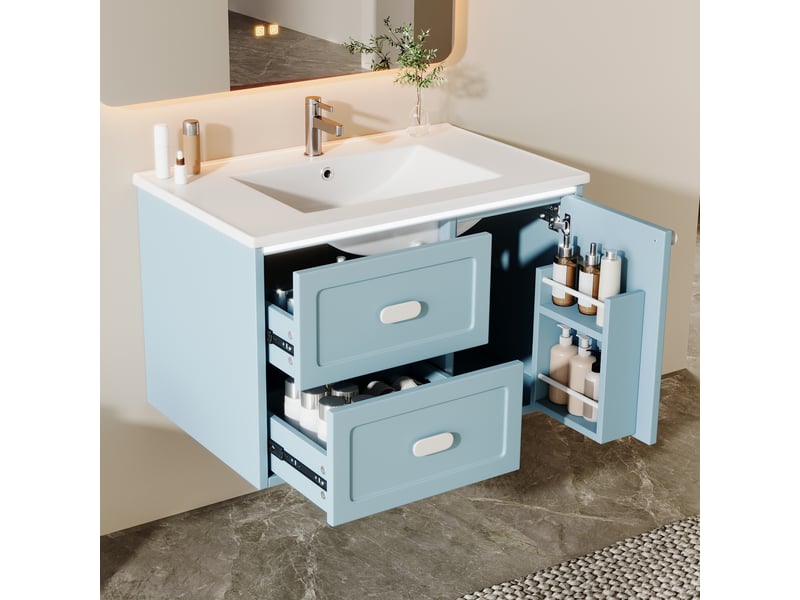  Meuble sous vasque mural avec 2 tiroirs, led à détection radar et lavabo en céramique pour salle de bain, 76×46×51 cm  - Conforama C