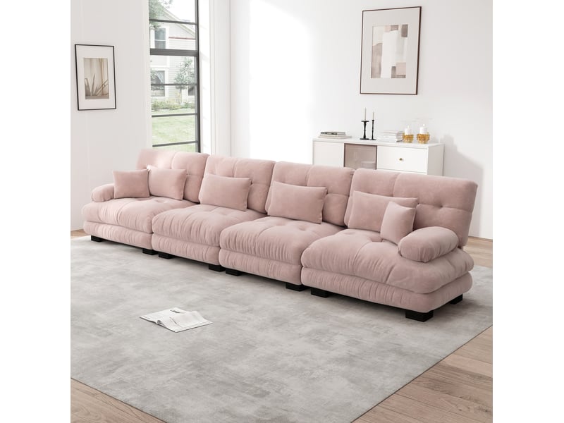  Canapé modulable 4 places 406x77x81 cm, accoudoirs, mousse haute résilience, revêtement chenille rose  - Conforama B