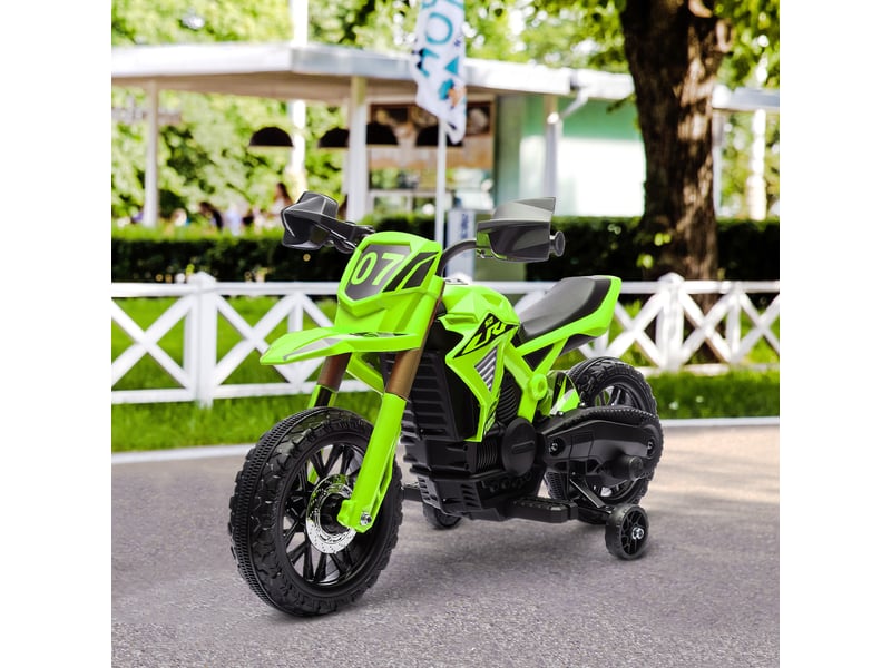  Moto électrique pour enfants, batterie 6v, stabilisateurs, klaxon, bruit de démarrage, 3-8 ans, verte  - Conforama D