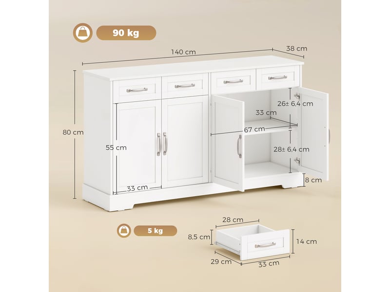  Buffet cuisine avec tiroirs, portes, étagères réglables, style shaker, dispositif anti-basculement, blanc, 140x38x80cm  - Conforama C