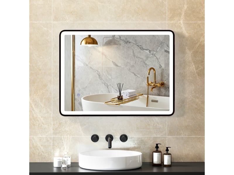  Miroir de salle de bain led, antibuée, miroir de maquillage à intensité variable avec éclairage, 80 x 60 cm, cadre noir  - Conforama D
