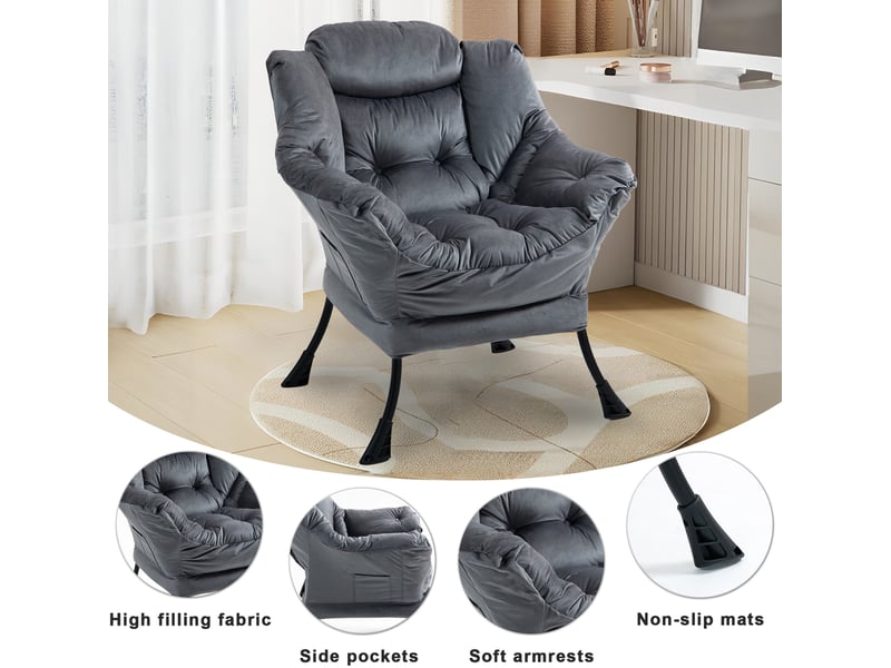 Fauteuil de relaxation 75x80x85 cm avec structure en métal et poche latérale métal gris foncé  - Conforama E
