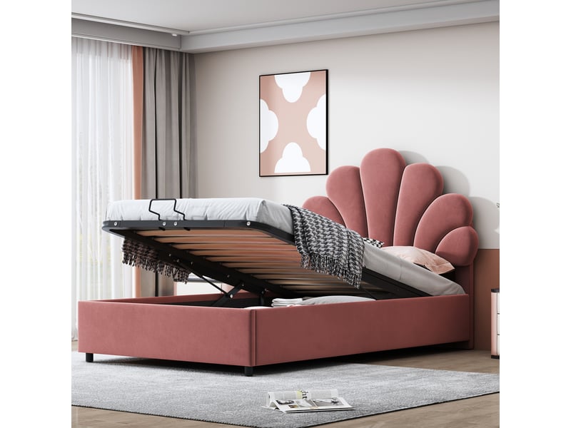 Lit coffre 90x200 cm, revêtement en velours, coloris rose, coffre hydraulique, tête de lit réglable, tête de lit florale, sommier à lattes inclus - Conforama D