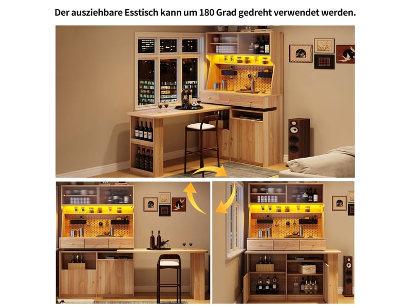  Meuble de rangement bureau intégré table bar intégrée éclairage led commande par application portes vitrées étagères réglables panneau perforé finition brun naturel  - Conforama D