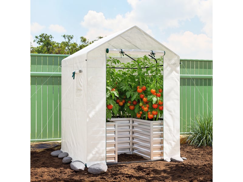  Serre à tomates, serre tunnel avec plate-bande surélevée, porte sectionnelle, fenêtre, toit incliné, 141 x 141 x 190 cm, blanche  - Conforama D
