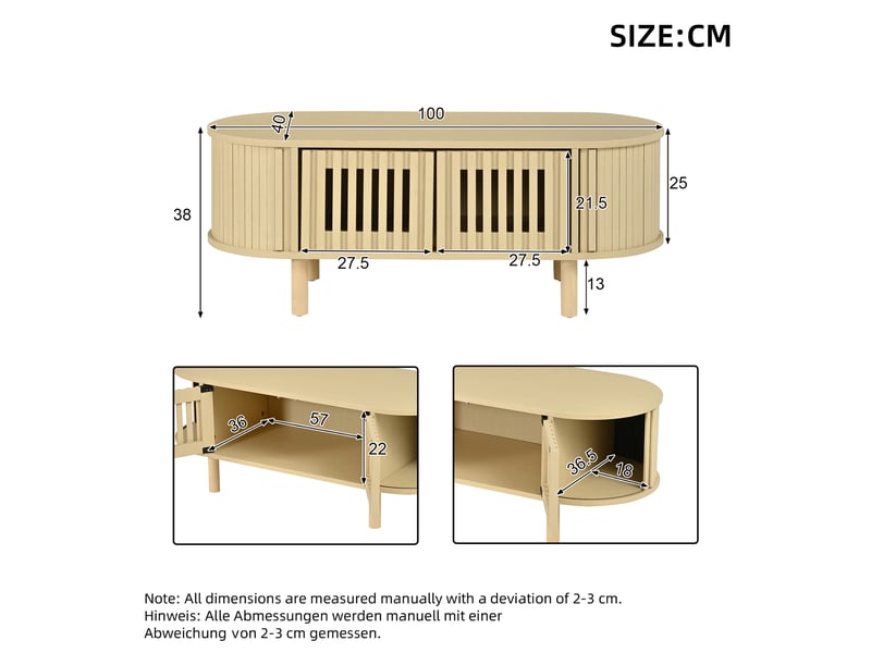  Table basse ovale 100x40x38 cm en mdf avec 2 portes cannage et porte coulissante, table de salon avec rangement, pieds en bois - bois naturel  - Conforama C