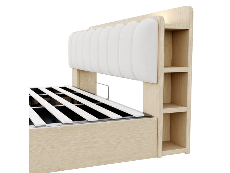  Lit coffre en bois 180x200 cm naturel, rangement hydraulique, tête de lit avec niches, usb et veilleuse Fay Lum - Conforama E