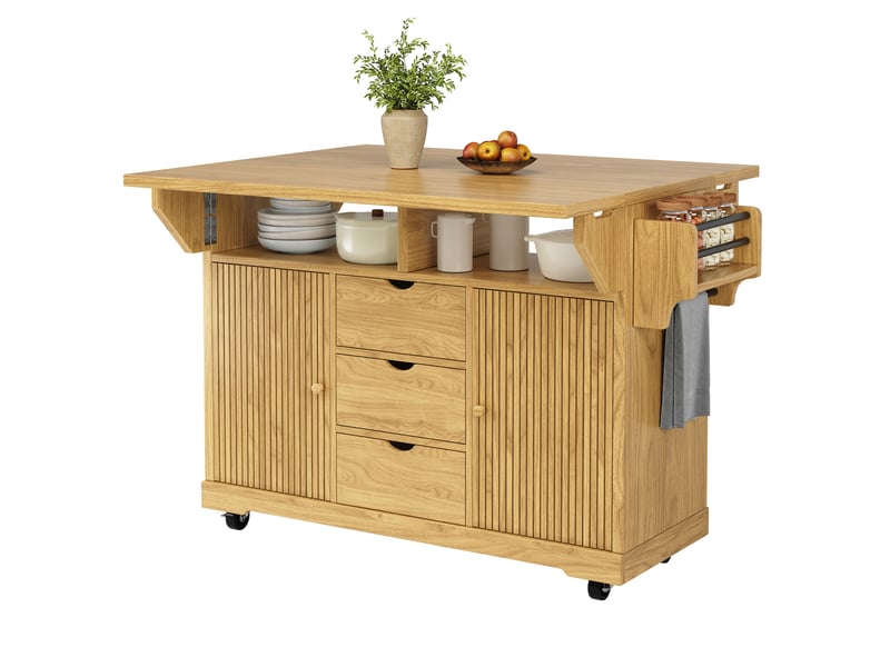 Desserte de cuisine 142,5 x 80 x 95 cm marron naturel mdf, plateaux rabattables et roulettes freinées - Conforama A